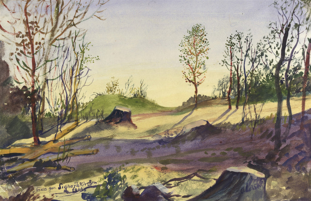 Aquarela de paisagem atribuída a Oskar Laske, mostrando árvores esparsas e troncos caídos em um terreno ondulado sob um céu claro com luz e sombra acentuadas. Predominam tons de verde, marrom e azul-claro.