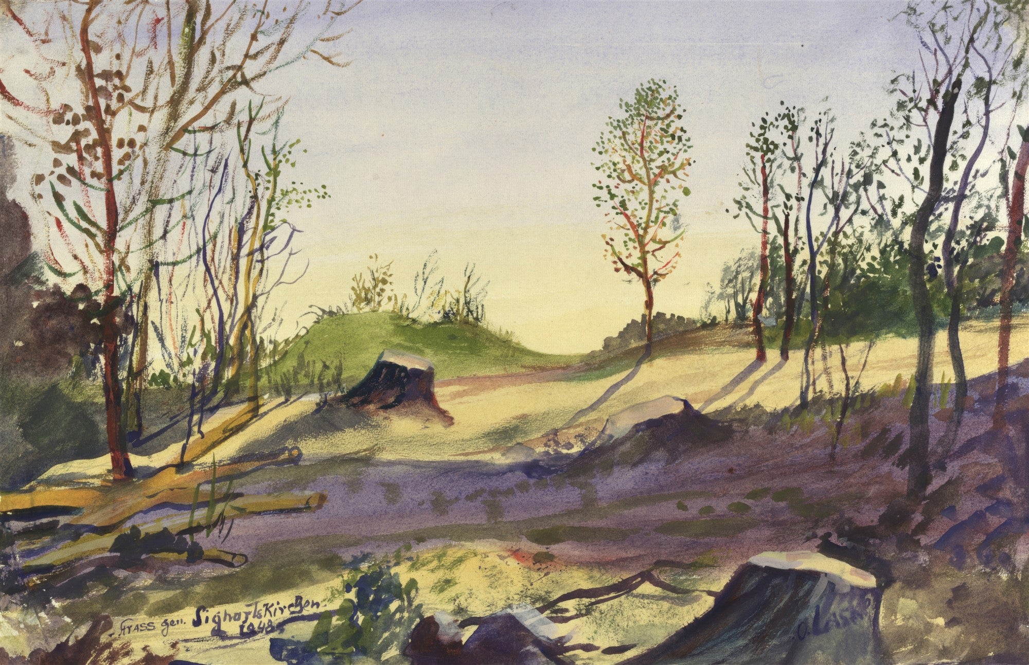 Aquarela de paisagem atribuída a Oskar Laske, mostrando árvores esparsas e troncos caídos em um terreno ondulado sob um céu claro com luz e sombra acentuadas. Predominam tons de verde, marrom e azul-claro.