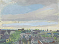 Uma pintura de paisagem urbana com um céu predominantemente cinza e azul pálido sobre telhados de casas em tons de cinza, marrom e amarelo, com algumas árvores verdes e detalhes de pessoas em primeiro plano.