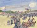 Quadro decorativo com uma pintura de corrida de cavalos, com multidão e edifícios ao fundo, em estilo impressionista com cores vibrantes.