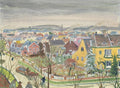 Uma pintura a óleo de uma paisagem urbana com casas coloridas em uma encosta, sob um céu nublado, com árvores sem folhas e algumas figuras humanas e um carro de bois. A assinatura 'O. Laske' é visível no canto inferior direito.
