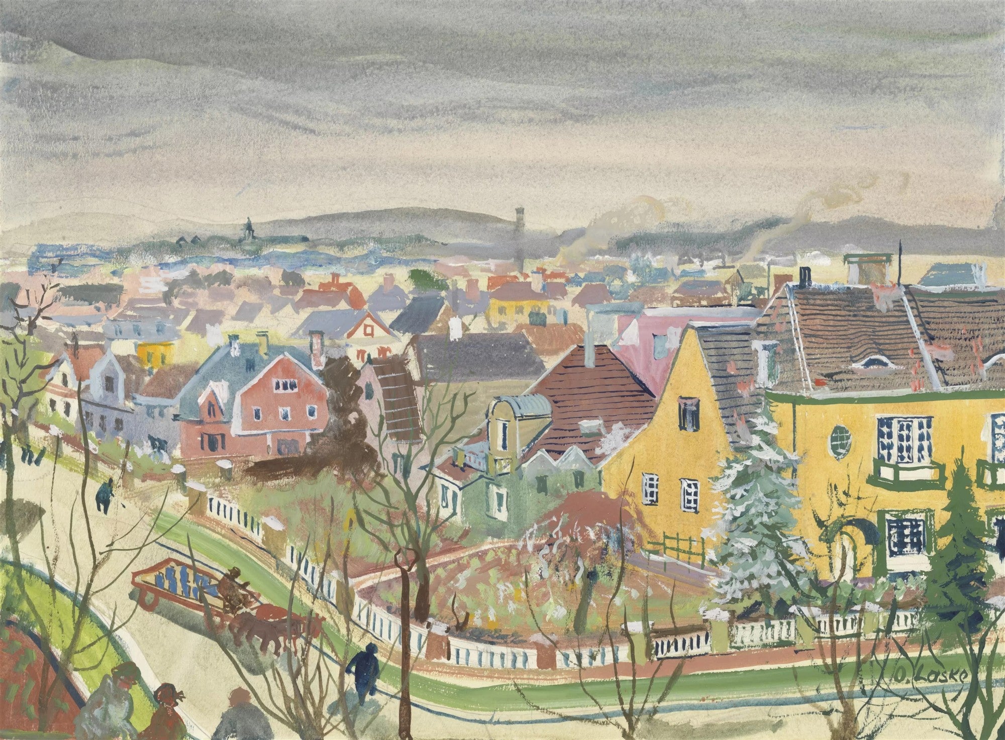 Uma pintura a óleo de uma paisagem urbana com casas coloridas em uma encosta, sob um céu nublado, com árvores sem folhas e algumas figuras humanas e um carro de bois. A assinatura 'O. Laske' é visível no canto inferior direito.