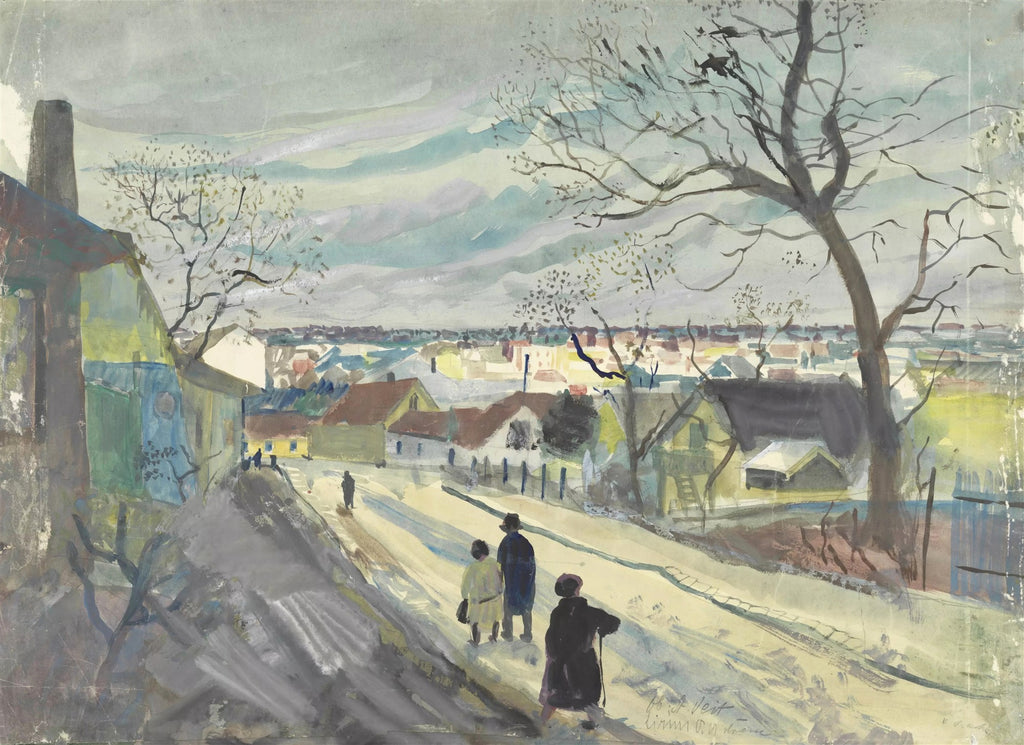 Pintura em aquarela de uma paisagem urbana de Oskar Laske, com uma rua em primeiro plano, pessoas caminhando, casas e telhados vermelhos ao fundo e uma árvore com galhos secos no lado direito. O céu está nublado e as cores são suaves e melancólicas.