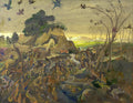 Pintura de Oskar Laske, 'A Arca de Noé', mostrando uma vasta coleção de animais de várias espécies, incluindo um leão repousando em uma caverna, aves no céu e mamíferos na terra, todos reunidos em um cenário natural com árvores e montanhas distantes, sob um céu crepuscular