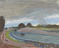 Pintura de Oskar Laske de uma paisagem com um céu nublado e chuva caindo à distância, estrada e carros em primeiro plano.