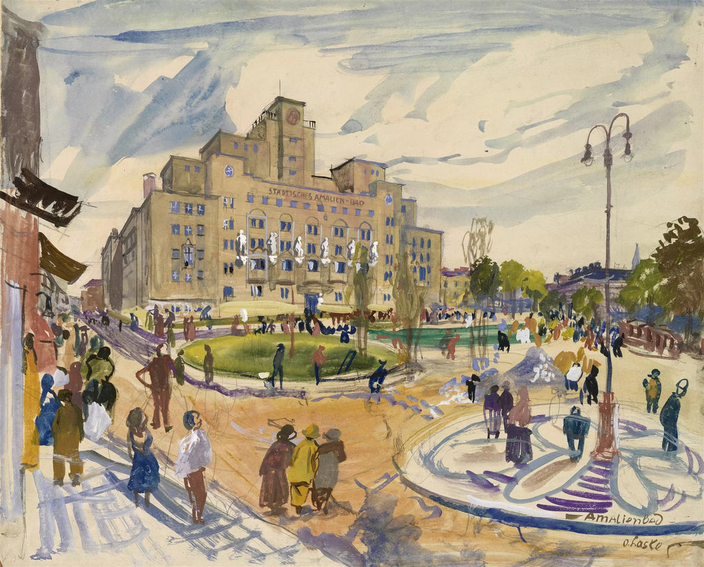 Quadro decorativo com aquarela vibrante de uma praça movimentada em Viena, com o edifício Amalienbad ao fundo e pessoas passeando. A obra é de Oskar Laske.