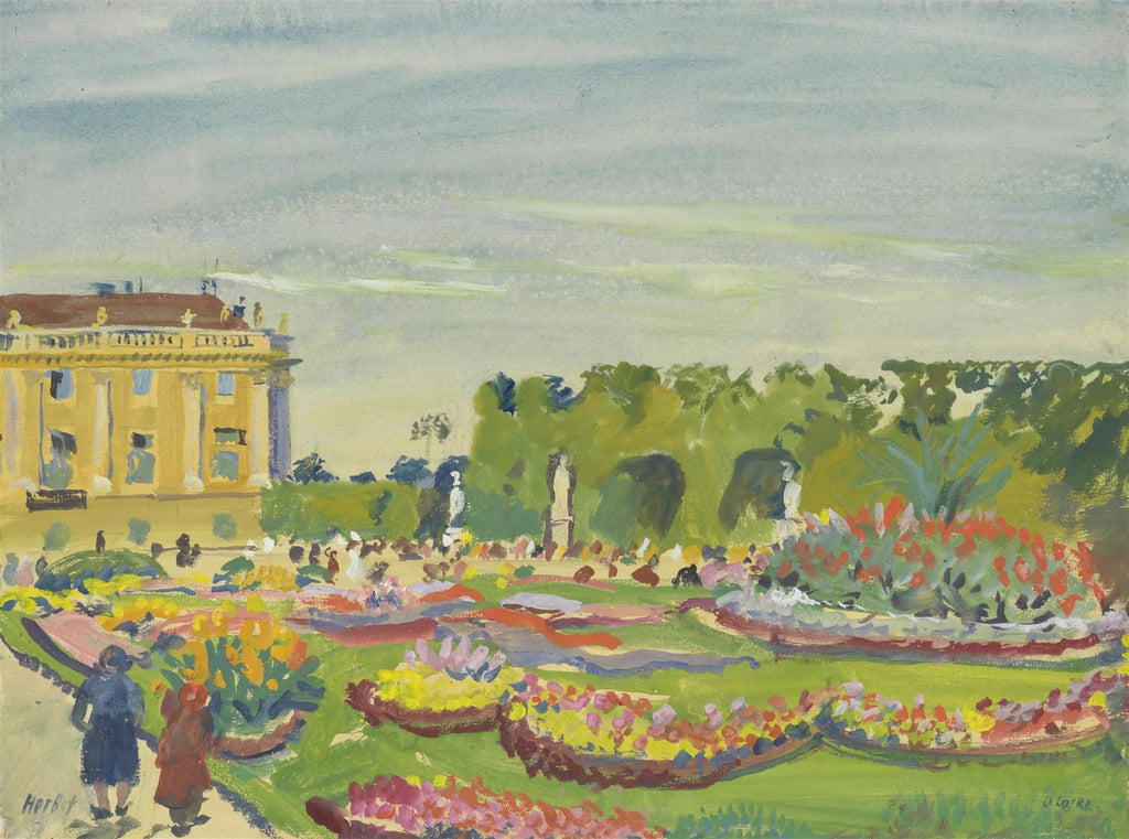 Pintura de Oskar Laske retratando um grande palácio amarelo ao fundo, jardins floridos em primeiro plano com pessoas passeando, sob um céu claro.