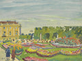 Pintura de Oskar Laske retratando um grande palácio amarelo ao fundo, jardins floridos em primeiro plano com pessoas passeando, sob um céu claro.