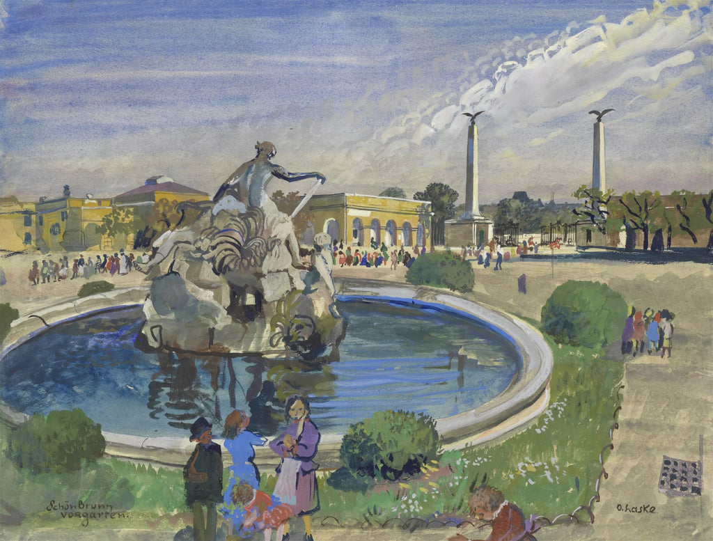 Quadro decorativo Schoenbrunn, Vor-Garten de Oskar Laske, mostrando uma fonte central com estátuas, pessoas caminhando e prédios históricos ao fundo sob um céu azul-nublado. Detalhes de vegetação e a assinatura do artista.