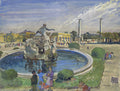 Quadro decorativo Schoenbrunn, Vor-Garten de Oskar Laske, mostrando uma fonte central com estátuas, pessoas caminhando e prédios históricos ao fundo sob um céu azul-nublado. Detalhes de vegetação e a assinatura do artista.