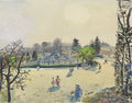 Pintura em aquarela de Oskar Laske, representando um parque com figuras caminhando, uma fonte ornamentada e árvores de folhagem outonal e verde