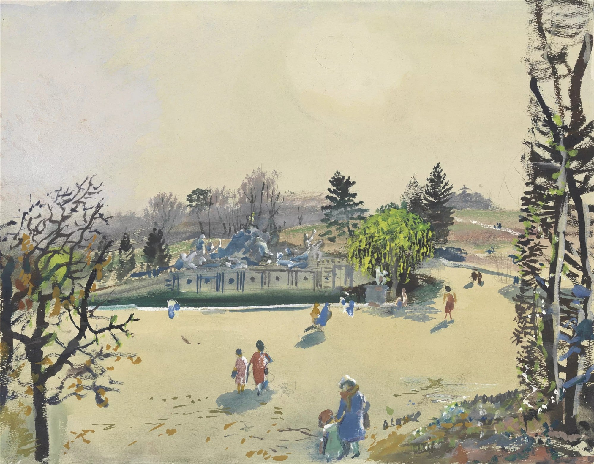 Pintura em aquarela de Oskar Laske, representando um parque com figuras caminhando, uma fonte ornamentada e árvores de folhagem outonal e verde