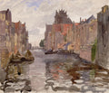 Quadro decorativo em aquarela de um canal urbano europeu com edifícios antigos e barcos, em tons de marrom, cinza e azul.