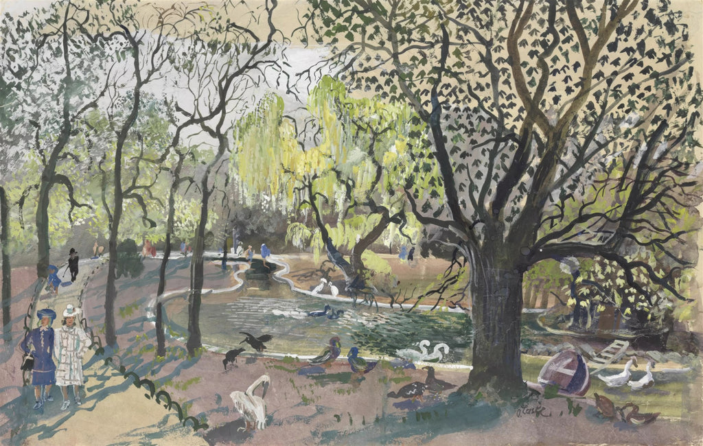 Pintura de um parque com árvores de folhagem verde e marrom, um lago com cisnes e patos, e figuras humanas passeando. O estilo é solto e expressivo, com tons pasteis e terrosos. A assinatura de Oskar Laske é visível no canto inferior direito.