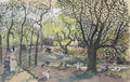 Pintura de um parque com árvores de folhagem verde e marrom, um lago com cisnes e patos, e figuras humanas passeando. O estilo é solto e expressivo, com tons pasteis e terrosos. A assinatura de Oskar Laske é visível no canto inferior direito.