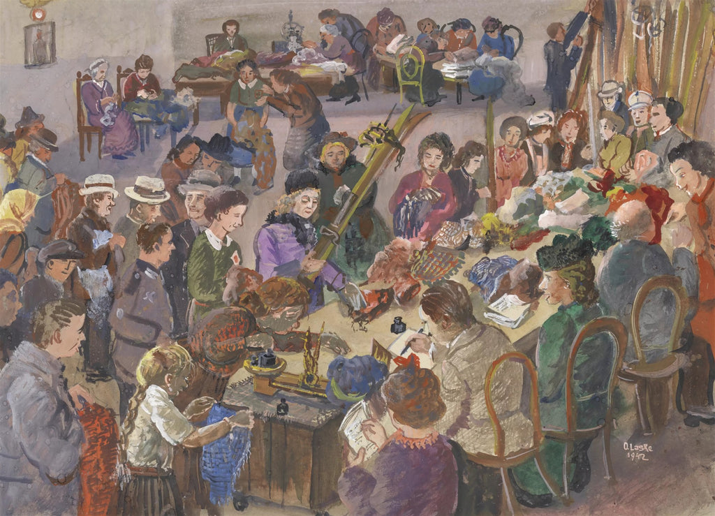 Quadro decorativo com cena de gênero de Oskar Laske, retratando várias pessoas reunidas em um ambiente interno, com detalhes de objetos e interações sociais. A paleta de cores é terrosa e vibrante.