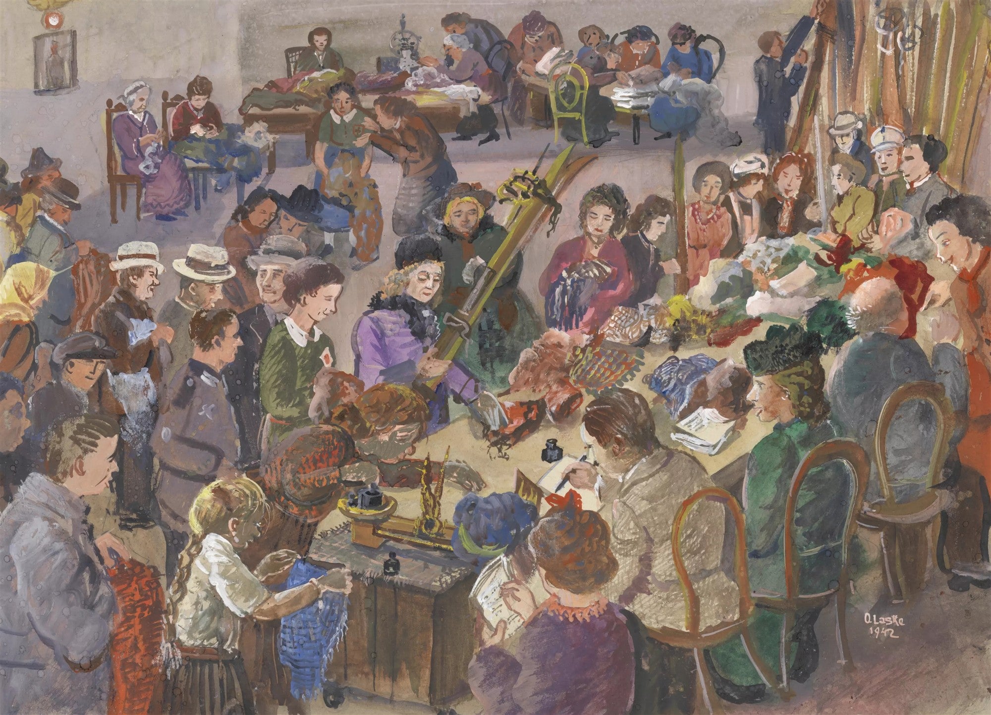 Quadro decorativo com cena de gênero de Oskar Laske, retratando várias pessoas reunidas em um ambiente interno, com detalhes de objetos e interações sociais. A paleta de cores é terrosa e vibrante.