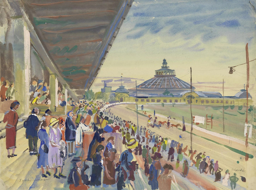 Pintura de Oskar Laske mostrando uma multidão assistindo a uma corrida de cavalos sob uma estrutura de arquibancada, com um grande edifício circular ao fundo.