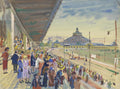 Pintura de Oskar Laske mostrando uma multidão assistindo a uma corrida de cavalos sob uma estrutura de arquibancada, com um grande edifício circular ao fundo.