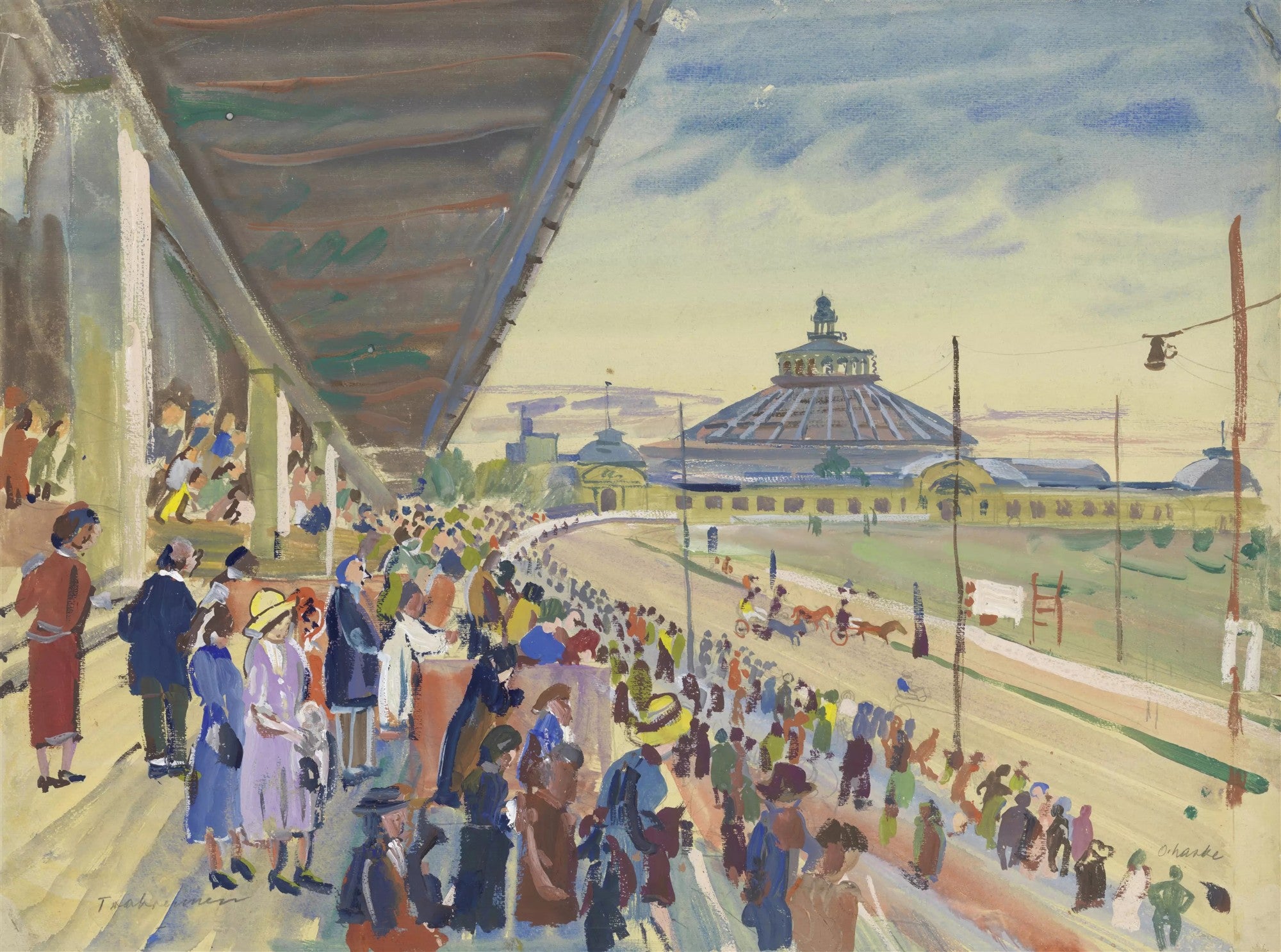 Pintura de Oskar Laske mostrando uma multidão assistindo a uma corrida de cavalos sob uma estrutura de arquibancada, com um grande edifício circular ao fundo.