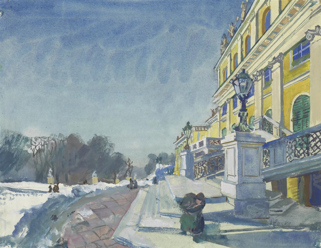 Pintura em aquarela de Oskar Laske de um palácio amarelo com telhados azuis e neve no primeiro plano, sob um céu azul claro.