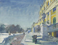 Pintura em aquarela de Oskar Laske de um palácio amarelo com telhados azuis e neve no primeiro plano, sob um céu azul claro.