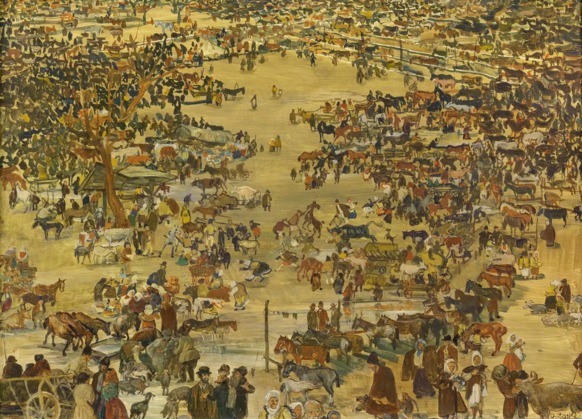 Pintura a óleo de Oskar Laske retratando uma feira movimentada com muitas pessoas, animais como cavalos e gado, carroças e barracas, vista de cima, com detalhes vívidos e cores terrosas.