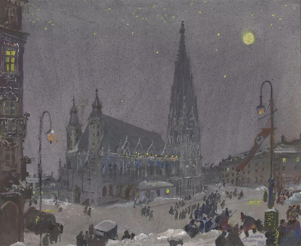 Uma pintura de Oskar Laske que retrata uma paisagem urbana noturna de inverno. Uma grande catedral gótica ocupa o centro da imagem, cercada por edifícios com janelas iluminadas e neve no chão. Pessoas e veículos são visíveis em uma praça, e a lua cheia brilha no céu escuro, salpicado de estrelas.