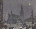 Uma pintura de Oskar Laske que retrata uma paisagem urbana noturna de inverno. Uma grande catedral gótica ocupa o centro da imagem, cercada por edifícios com janelas iluminadas e neve no chão. Pessoas e veículos são visíveis em uma praça, e a lua cheia brilha no céu escuro, salpicado de estrelas.