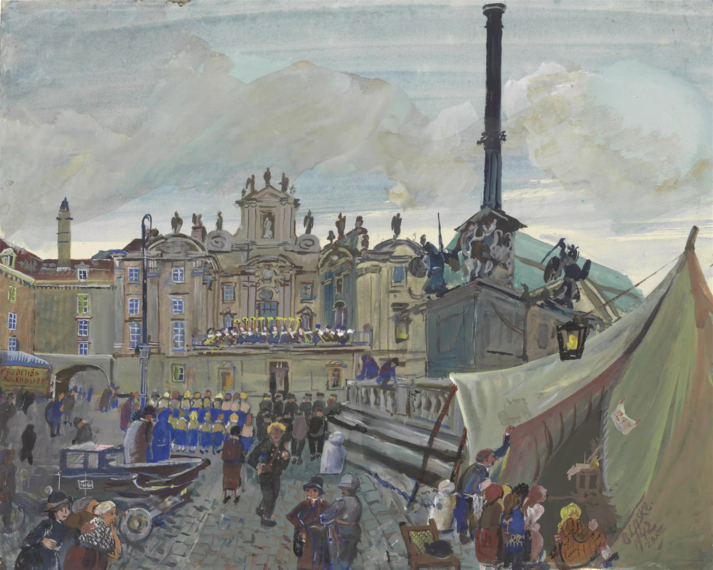 Quadro decorativo mostrando uma cena de mercado em Viena, Áustria, com edifícios barrocos, uma coluna monumental e barracas de feira. Pessoas circulam pela praça, algumas vestindo uniformes, sob um céu nublado. A pintura é atribuída a Oskar Laske.