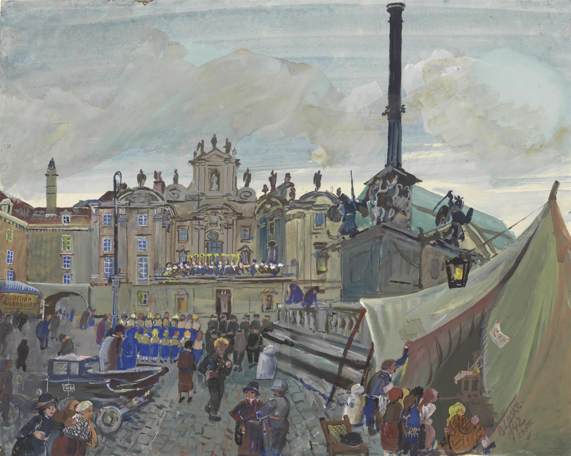 Quadro decorativo mostrando uma cena de mercado em Viena, Áustria, com edifícios barrocos, uma coluna monumental e barracas de feira. Pessoas circulam pela praça, algumas vestindo uniformes, sob um céu nublado. A pintura é atribuída a Oskar Laske.