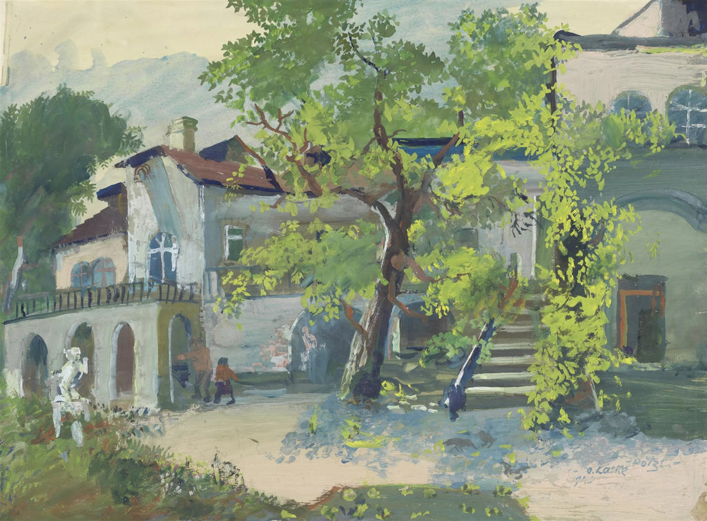 Pintura de Oskar Laske retratando um vilarejo ensolarado com casas claras, árvores frondosas de folhas verdes e um céu azul claro. Há figuras humanas pequenas no pátio e uma estátua branca à esquerda. O estilo é solto e impressionista.