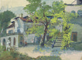 Pintura de Oskar Laske retratando um vilarejo ensolarado com casas claras, árvores frondosas de folhas verdes e um céu azul claro. Há figuras humanas pequenas no pátio e uma estátua branca à esquerda. O estilo é solto e impressionista.