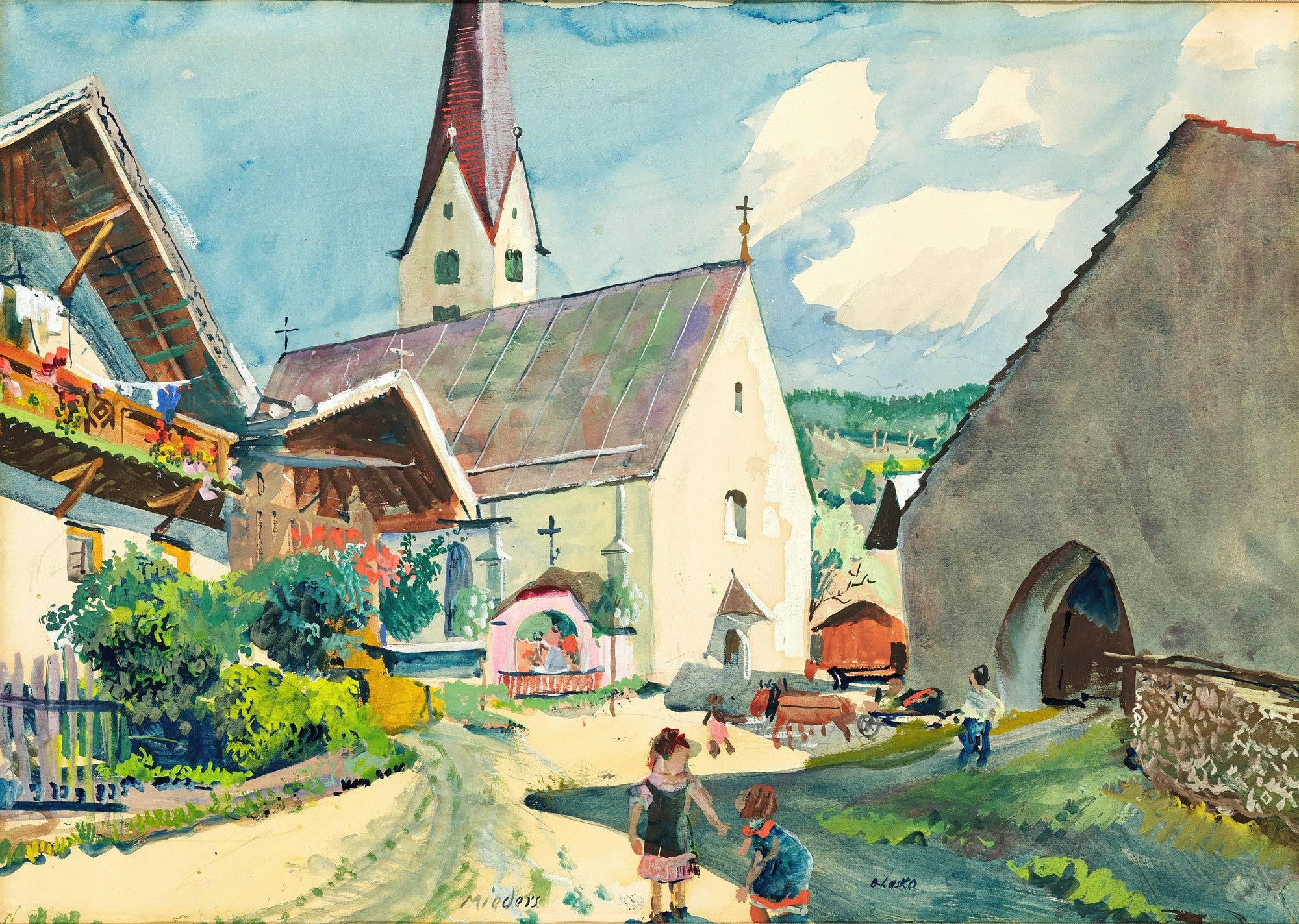 Aquarela de Oskar Laske retratando a aldeia alpina de Mieders no Tirol, com uma igreja de torre pontiaguda, casas tradicionais, crianças brincando na rua e montanhas ao fundo sob um céu azul claro.