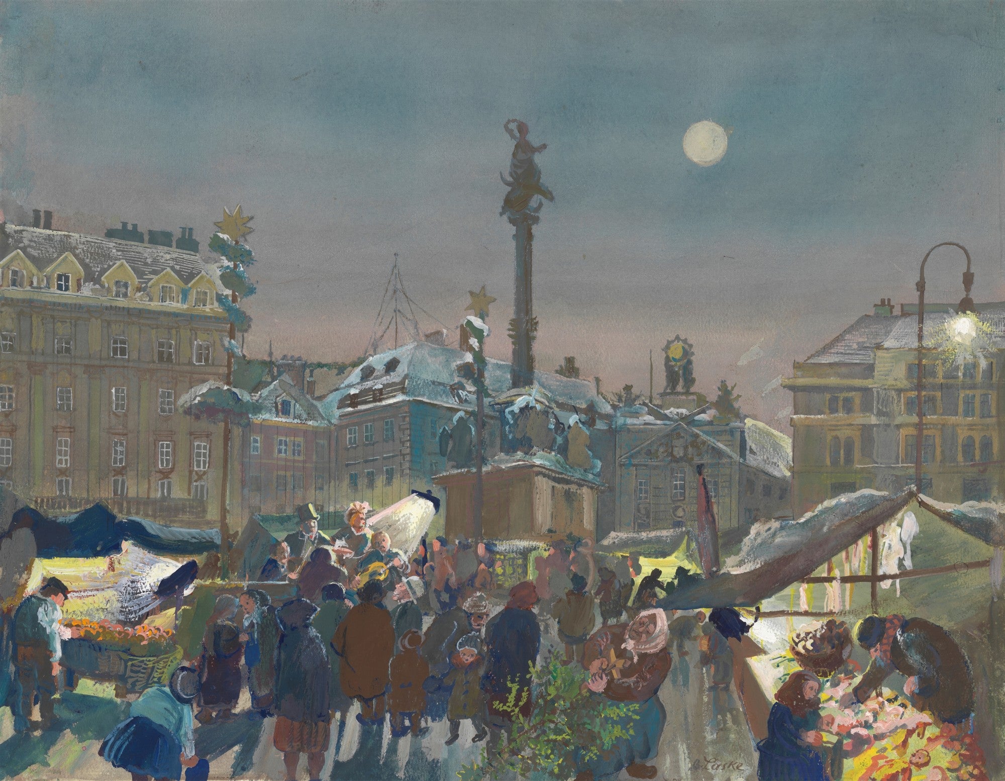 Quadro decorativo do artista Oskar Laske, representando um mercado noturno de Natal em uma praça, com pessoas, barracas iluminadas e uma lua cheia no céu cinzento-azulado. Telhados cobertos de neve e decorações de estrelas de Natal são visíveis.