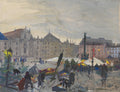 Pintura de Oskar Laske, 'Weihnachtsmarkt im Mai', retratando um mercado movimentado com barracas, figuras humanas e edifícios históricos ao fundo, sob um céu nublado. A técnica de aquarela e guache confere uma atmosfera vívida e expressiva.
