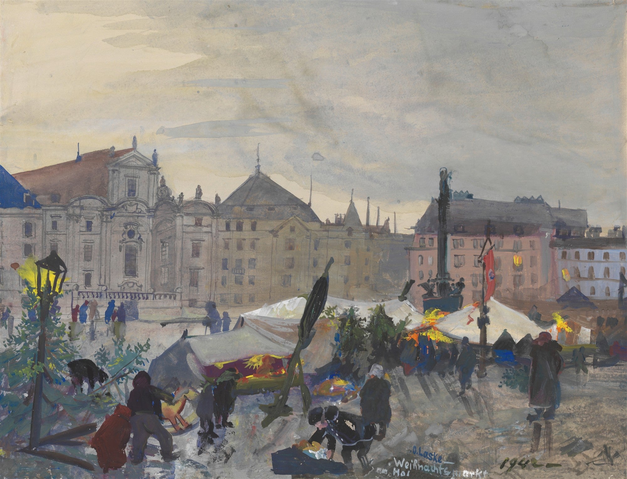 Pintura de Oskar Laske, 'Weihnachtsmarkt im Mai', retratando um mercado movimentado com barracas, figuras humanas e edifícios históricos ao fundo, sob um céu nublado. A técnica de aquarela e guache confere uma atmosfera vívida e expressiva.