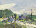 Pintura em aquarela de uma paisagem rural com casarios, colinas verdes e um céu nublado, com um poste de telefone à direita e figuras trabalhando no campo.