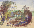Pintura em aquarela de Oskar Laske, "Das Wildgans Haus Mödling", mostrando uma casa alpina com telhado inclinado e varandas azuis, cercada por árvores frondosas e um jardim florido em tons de verde, marrom e rosa. Uma pessoa com um cachorro caminha por uma estrada sinuosa em primeiro plano. A assinatura do artista e o ano 1947 estão no canto inferior direito.