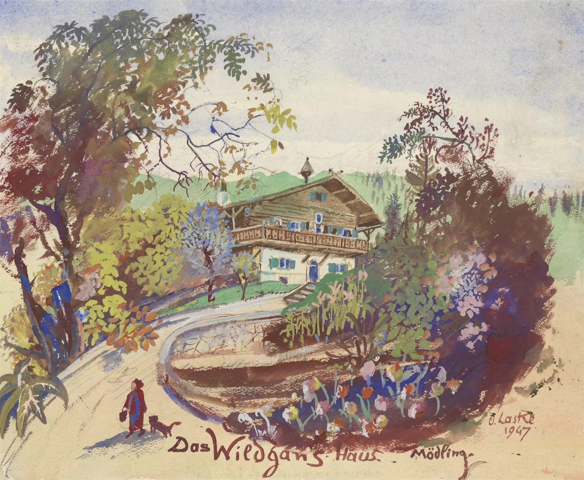 Pintura em aquarela de Oskar Laske, "Das Wildgans Haus Mödling", mostrando uma casa alpina com telhado inclinado e varandas azuis, cercada por árvores frondosas e um jardim florido em tons de verde, marrom e rosa. Uma pessoa com um cachorro caminha por uma estrada sinuosa em primeiro plano. A assinatura do artista e o ano 1947 estão no canto inferior direito.