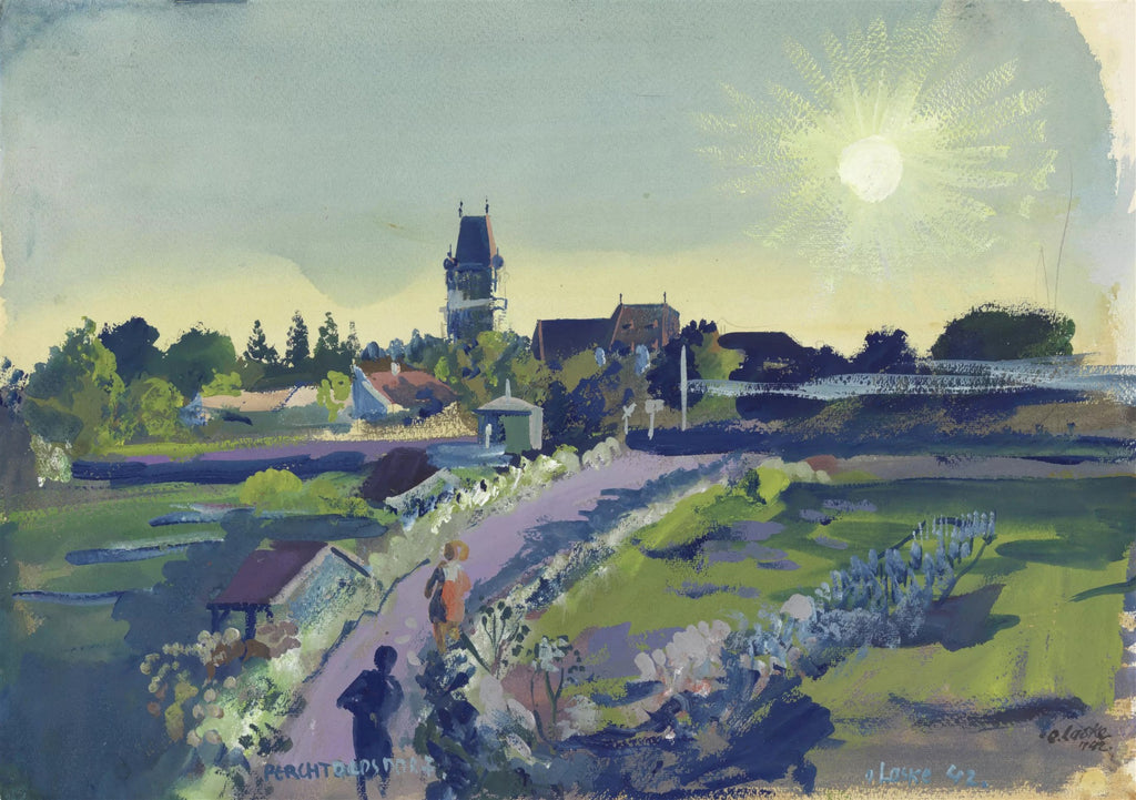 Quadro decorativo mostrando uma paisagem ensolarada de Perchtoldsdorf, Áustria, com edifícios, torre, árvores e figuras caminhando em um caminho, pintado por Oskar Laske em aquarela e guache.