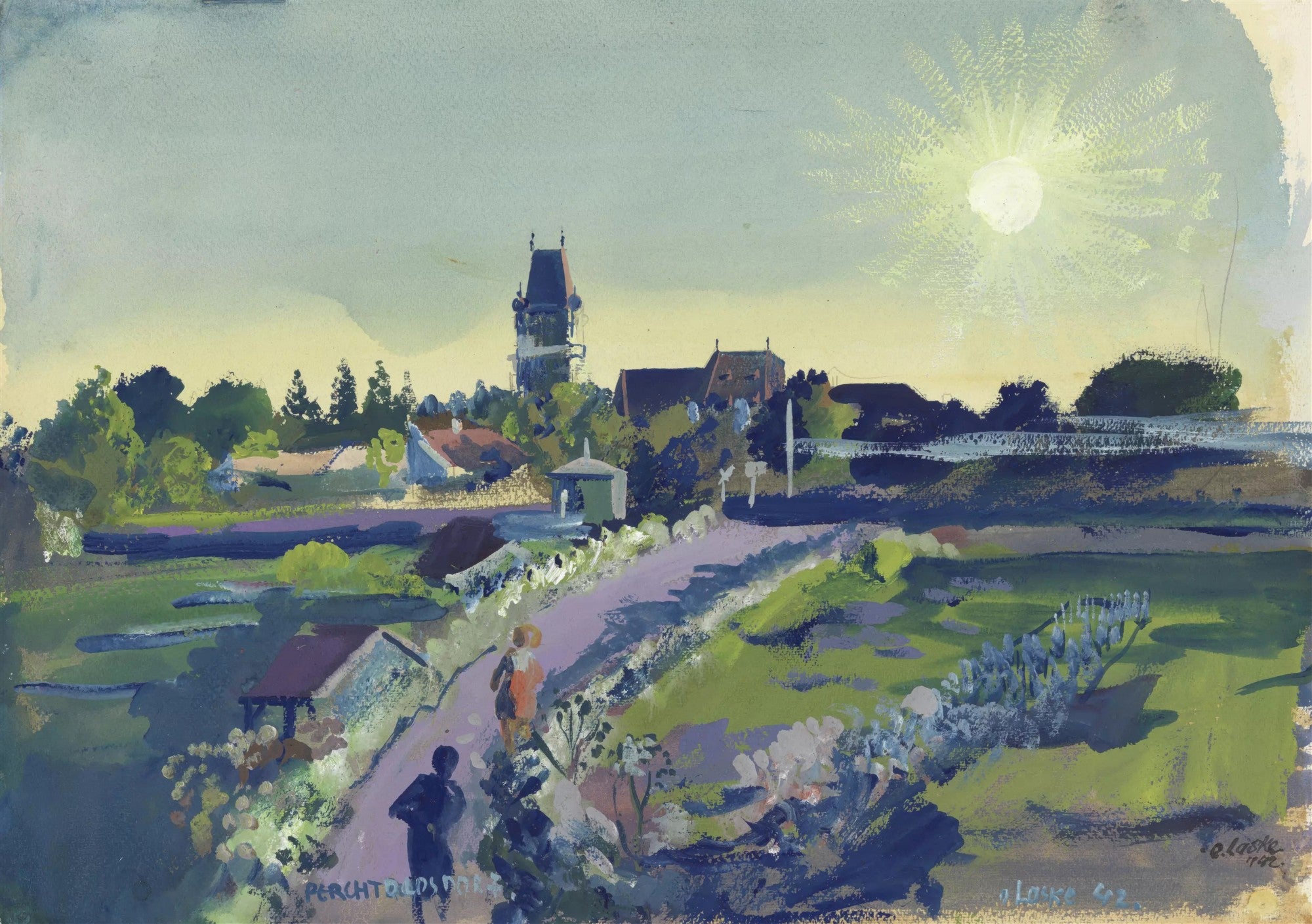 Quadro decorativo mostrando uma paisagem ensolarada de Perchtoldsdorf, Áustria, com edifícios, torre, árvores e figuras caminhando em um caminho, pintado por Oskar Laske em aquarela e guache.