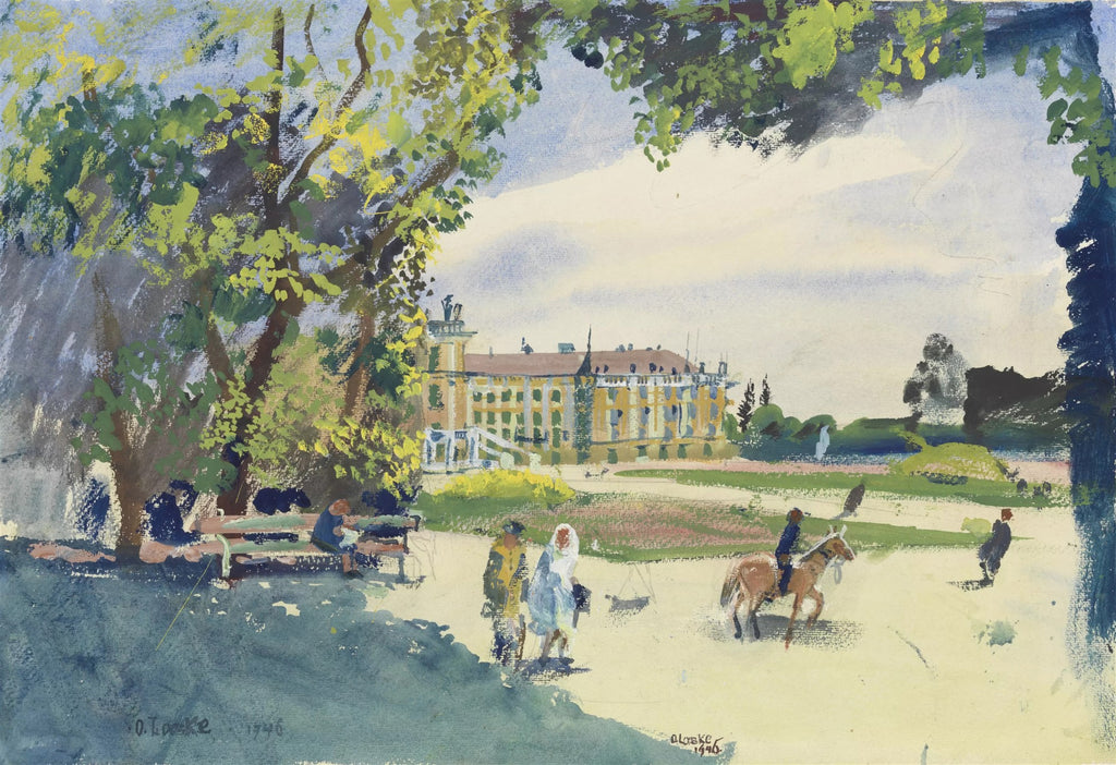 Pintura de aquarela e guache de Oskar Laske, datada de 1946, retratando um palácio amarelo ao fundo com árvores verdes frondosas em primeiro plano. Pessoas passeiam e sentam em bancos, e um cavaleiro é visível. O céu é claro e a cena é pacífica, com tons predominantemente azuis, verdes e amarelos.