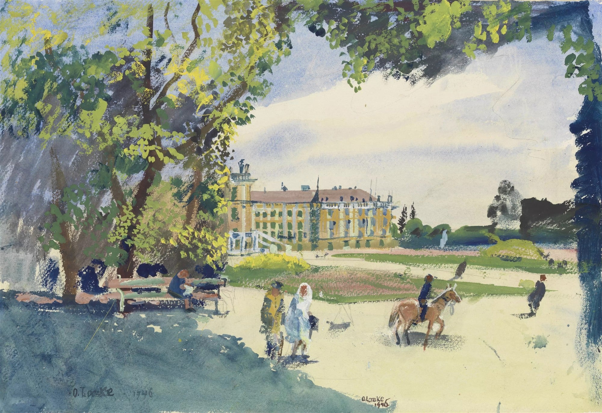 Pintura de aquarela e guache de Oskar Laske, datada de 1946, retratando um palácio amarelo ao fundo com árvores verdes frondosas em primeiro plano. Pessoas passeiam e sentam em bancos, e um cavaleiro é visível. O céu é claro e a cena é pacífica, com tons predominantemente azuis, verdes e amarelos.