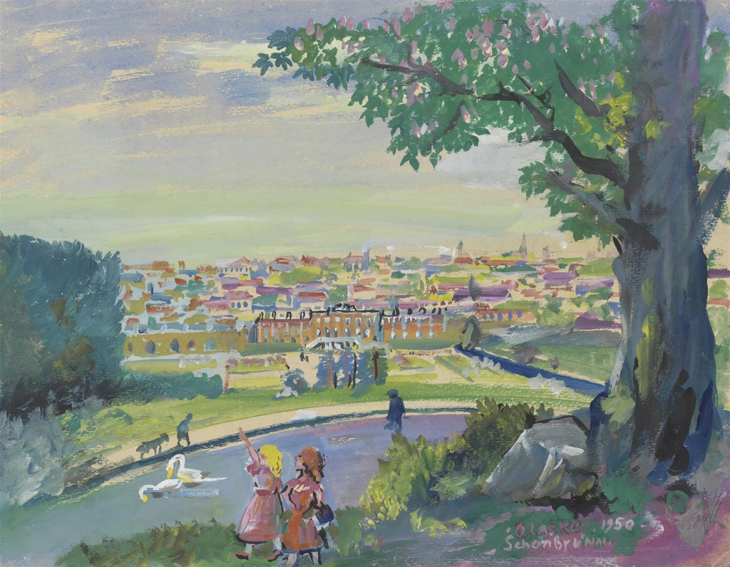 Pintura de Oskar Laske intitulada Schönbrunn, mostrando uma vista panorâmica de um parque com um lago e uma cidade ao fundo, com duas meninas e um grande carvalho em primeiro plano.