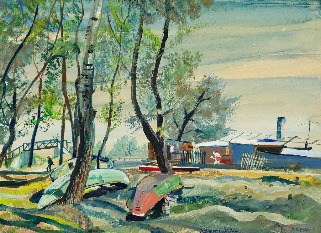 Uma pintura vibrante de Oskar Laske, intitulada 'Kaisermühlen', mostrando uma paisagem com árvores, um riacho com barcos virados, uma ponte e edifícios ao fundo sob um céu claro.