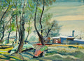 Uma pintura vibrante de Oskar Laske, intitulada 'Kaisermühlen', mostrando uma paisagem com árvores, um riacho com barcos virados, uma ponte e edifícios ao fundo sob um céu claro.