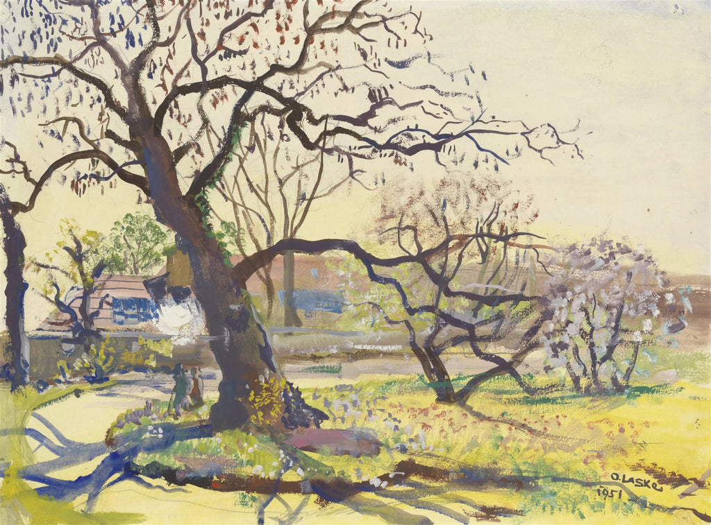 Pintura de paisagem com árvores de troncos grossos e galhos sinuosos, algumas com folhagem esparsa e outras floridas em branco, sob um céu claro e amarelado. Há uma casa ao fundo e vegetação rasteira no primeiro plano, com sombras azuis e escuras no chão.