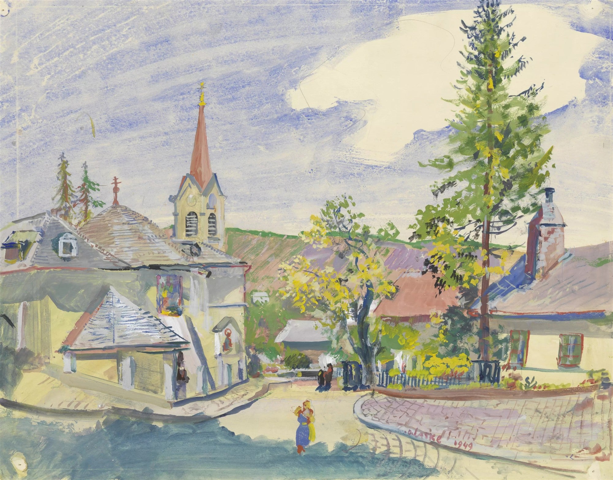 Uma pintura de aquarela e guache de Oskar Laske, intitulada 'Alpine Village with Church', de 1949. A cena retrata uma pitoresca aldeia com uma igreja de torre alta, casas de telhados inclinados, árvores altas e figuras humanas em uma rua de paralelepípedos, sob um céu azul claro com nuvens brancas. As cores são vivas e a técnica de pinceladas é expressiva.