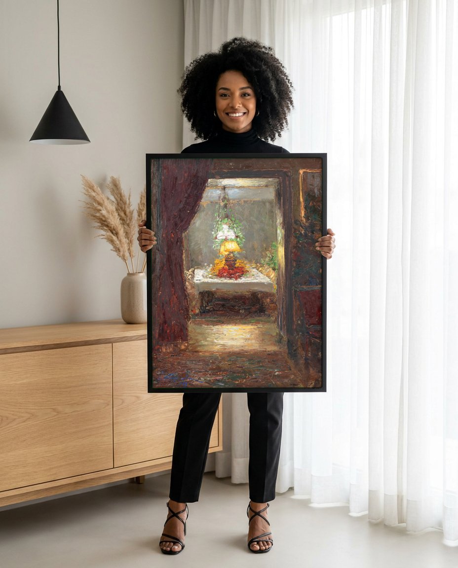 Quadro Decorativo 'Interior com Mesa Posta' - Olga Wisinger-Florian com modelo em ambiente